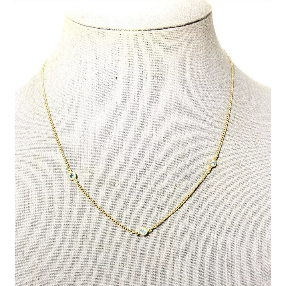 Women’s 18” Gold Tone Chain Necklace W/ Blue Gemstone Charms. Rhinestones